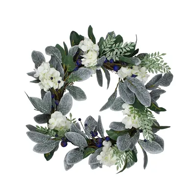 Iced Hydrangeas, Blueberries, And Foliage Artificial Christmas Wreath - 26 Inch, Unlit