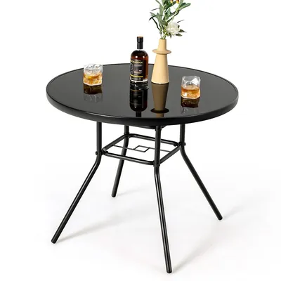34 Inch Patio Dining Table Round Tempered Glass Tabletop with 1.5" Umbrella Hole
