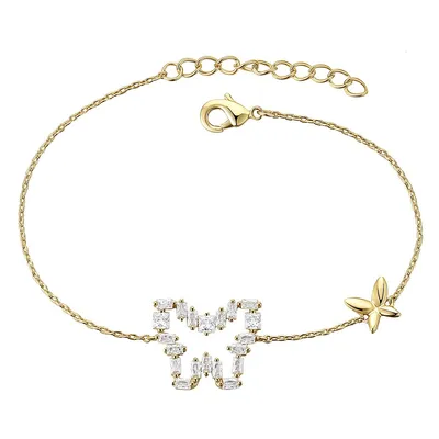 Teens 14k Yellow Gold Plated With Baguette Clear Cubic Zirconia Halo Butterfly Charm Adjustable Bracelet
