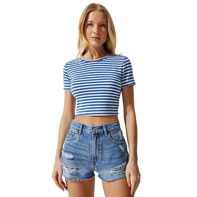 Normale Passform Crew Neck Woven Striped T-shirt