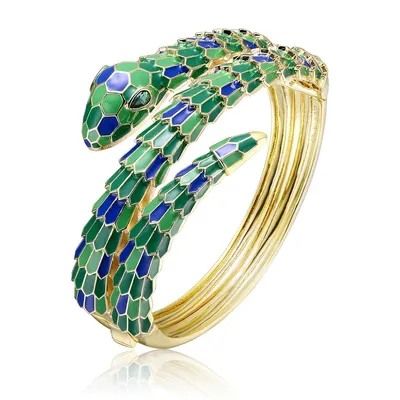 14k Yellow Gold Plated With Emerald Cubic Zirconia Green & Blue Enamel 3d Serpent Coiled Bypass Wrapped Bangle Bracelet