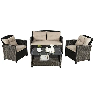 4pcs Outdoor Rattan Furniture Set Cushioned Sofa Armrest Chair Lower Shelf Brown