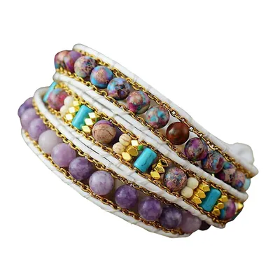 Handmade Bead And Gemstone 3 Row Wrap Bracelet Made With Amethyst And Howlit