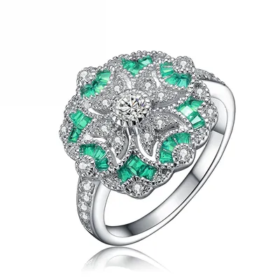 Sterling Silver White Gold Plating With Colored Cubic Zirconia Floral Cocktail Ring