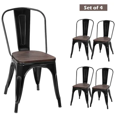 Set Of 4 Tolix Style Metal Dining Side Chair Wood Seat Stackable Bistro Cafe