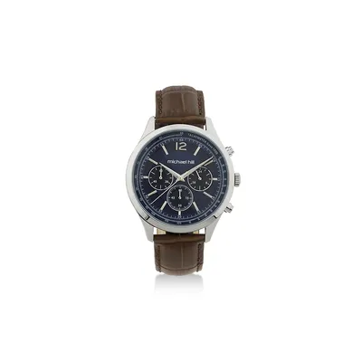 Men's Chronograph Watch In Stainless Steel & Brown Leather