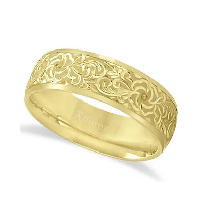 Hand-engraved Flower Wedding Ring Wide Band 14k Yellow Gold (7mm)