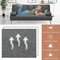 Convertible Folding Futon Sofa Bed Fabric W/2 Cup Holders Dark Gray