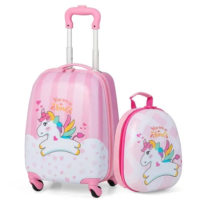 2pc Kids Carry On Luggage Set 12" Backpack And 16" Rolling Suitcase For Travel