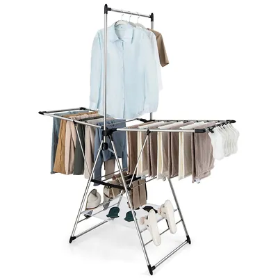 2-layer Aluminum Foldable Drying Rack W/ Hanging Bar & 2 Height-adjustable Wings