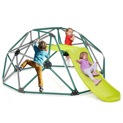 8ft Climbing Dome W/ Slide Outdoor Kids Jungle Gym Dome Climber Green & Gray