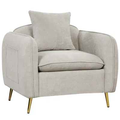 Chenille Velvet Accent Chair Upholstered Armchair With Storage Pockets & Pillow