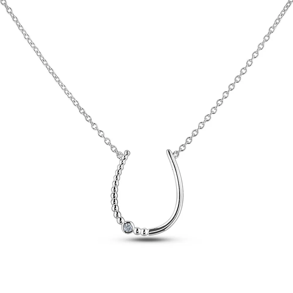 925 Sterling Silver 0.03 Ct Canadian Diamond Horseshoe Pendant & Chain