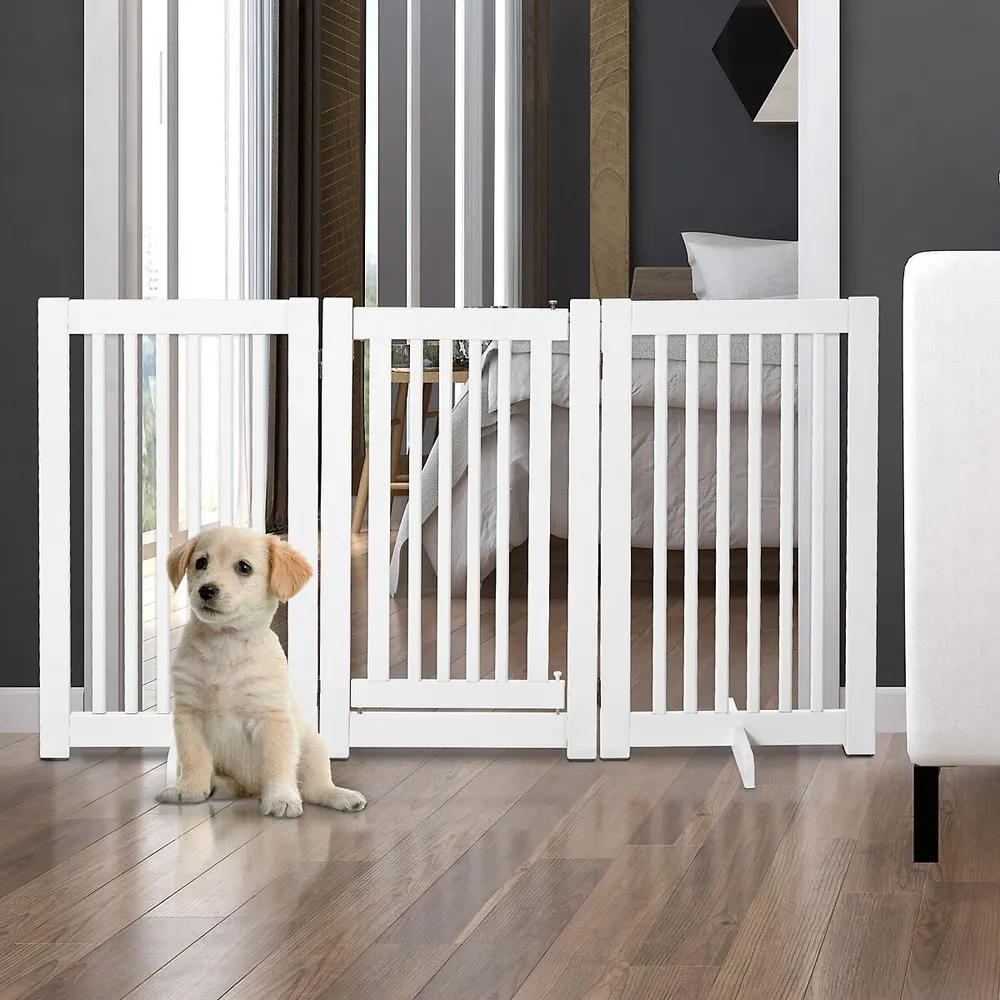 Free Standing Wooden Pet Gate Indoor Dog Barrier Foldable Step Over Doorway Fence Safety Gate