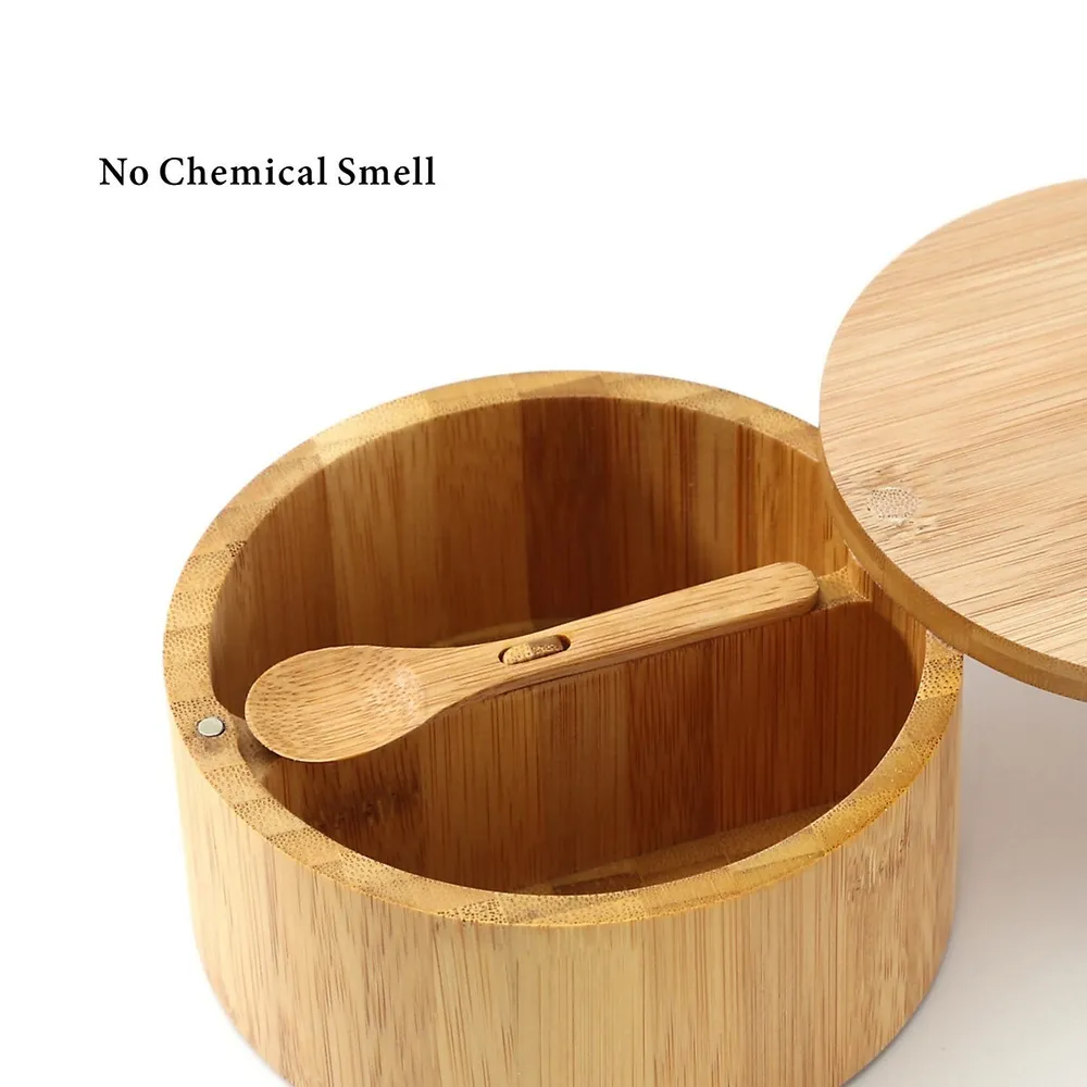 Bamboo Salt And Pepper Bowl Box With Serving Spoon And Swivel Lid, Dual 7 Ounce Capacity