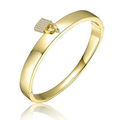 14k Yellow Gold Plated With Cubic Zirconia Padlock Charm Stacking Bangle Bracelet