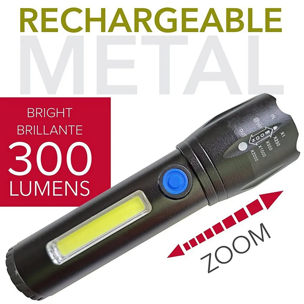 Cob Flashlight With Mini Lantern, Rechargeable, 300 Lumens