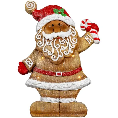 15" Led Lighted Gingerbread Santa With Candy Cane Christmas Figure