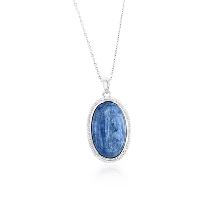 Sterling Silver Oval Kyanite Beaded Border Pendant Necklace