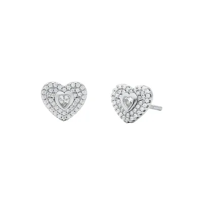 Women's Premium Kors Love Sterling Silver Pavé Heart Stud Earrings