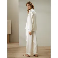 Contrast Piping Button-up Full Length Pajama Set For Women