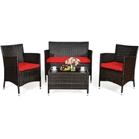 4pcs Rattan Patio Furniture Set Cushioned Sofa Chair Coffee Table