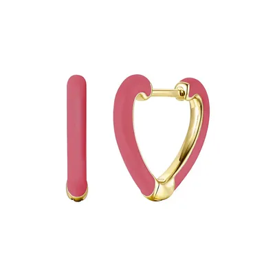 Children's 14k Yellow Gold Plated With Magenta-red Enamel Inlay Heart Hoop Earrings