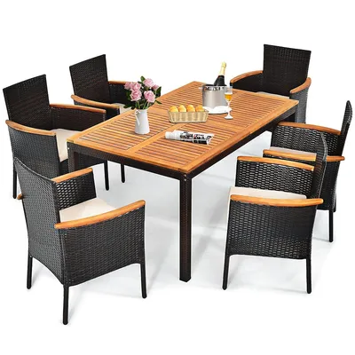 7pcs Patio Rattan Dining Set Armrest Cushioned Chair Wooden Tabletop