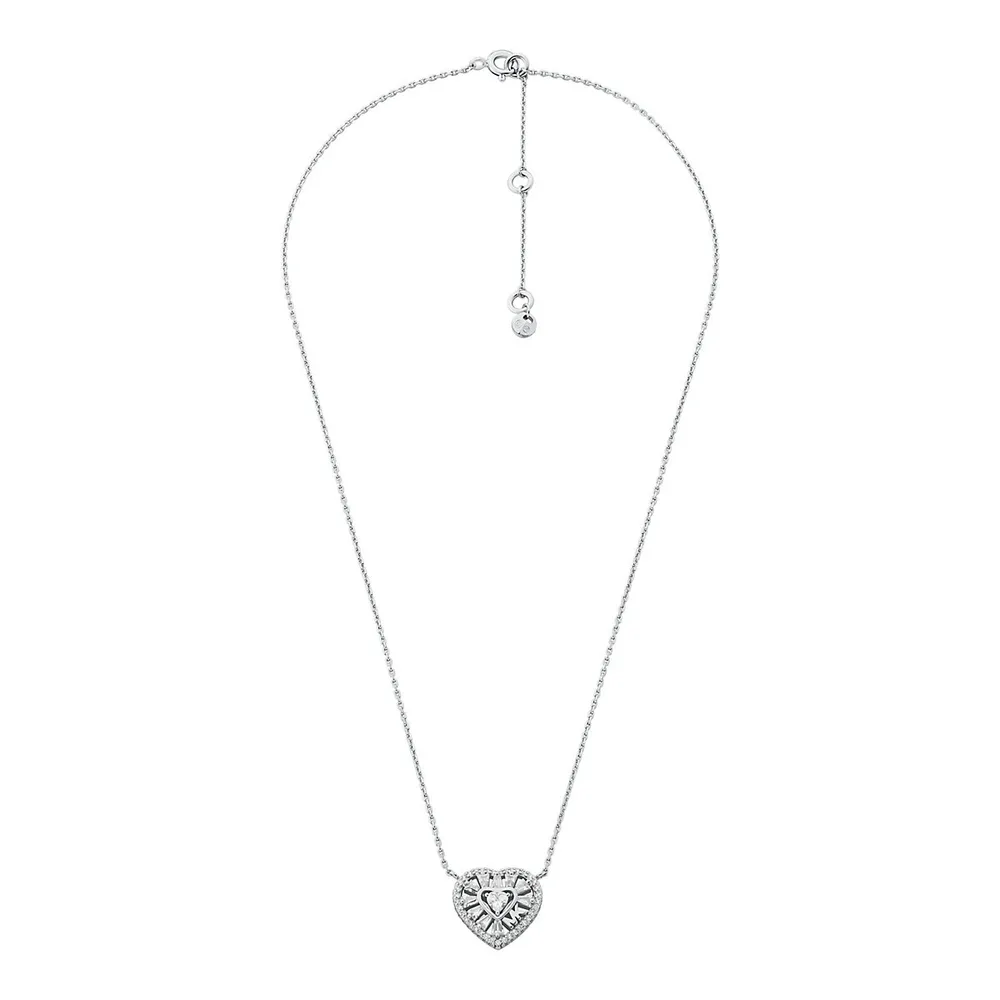 Women's Premium Kors Love Sterling Silver Tapered Baguette Heart Pendant Necklace