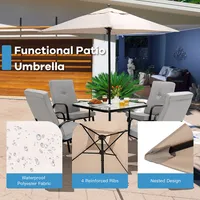 6pcs Patio Dining Set Stackable Chairs Cushioned Glass Table W/umbrella