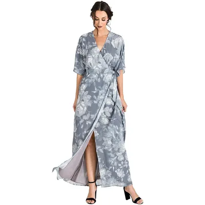 Modern Women's Floral Woven Chiffon Kimono Wrap Maxi Dress