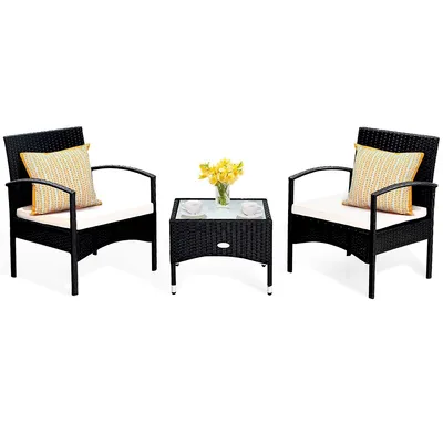 3 Pcs Furniture Set Table & 2 Chair Patio Wicker Rattan W/cushion