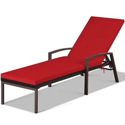 Patio Rattan Lounge Chair Chaise Recliner Back Adjustable Cushioned Garden Red
