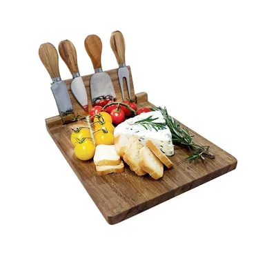 Acacia Wood Cheese Board With 4 Knives And Magnetic Holder