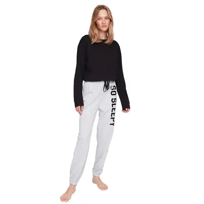 Women With Slogan Knit T-shirt-trousers Pajama Set