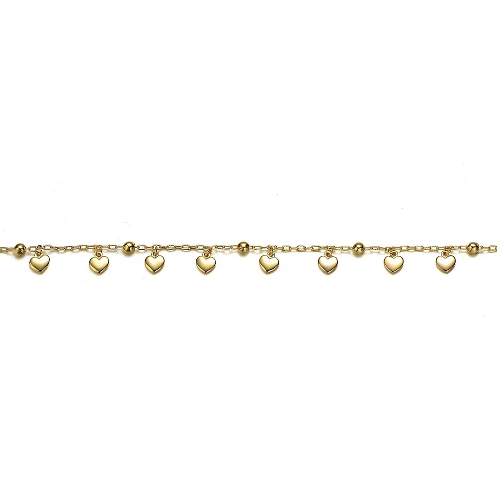 Kid's 14k Yellow Gold Plated Beaded Heart Charm Station Bracelet - Adjustable W/ Extension Chain