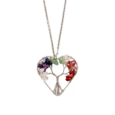 Natural Stone Multicolroed Chaktra Tree Heart Pendant Necklace