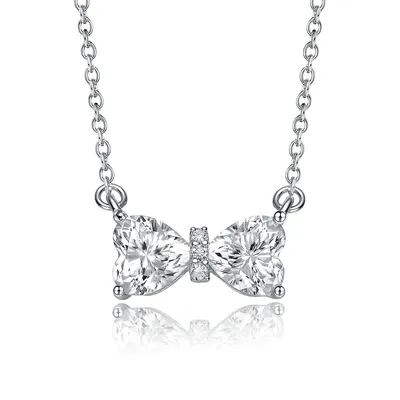 Sterling Silver with 1.50ctw Lab Created Moissanite Bow-tie Heart Pendant Layering Necklace