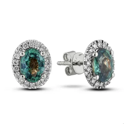 14k White Gold 1.54 Cttw Green Sapphire Gemstone & 0.28 Cttw Diamond Halo Style Stud Earrings