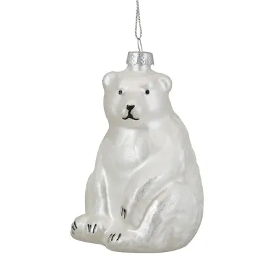 4" White Glittered Polar Bear Glass Christmas Ornament
