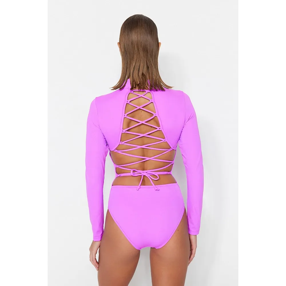 Women Plain Zipper Detailed Knitted Swimsuit