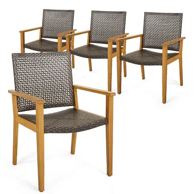 Set Of 4 Patio Dining Chairs Outdoor Acacia Wood Rattan Armchairs Garden Balcony