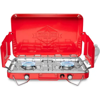 Gas Camping Stove | 20,000 Btu Portable Propane 2 Burner Stovetop | Integrated Igniter & Stainless Steel Drip Tray | Built-in Carrying Handle, Foldable Legs, Wind Panels | Includes Regulator