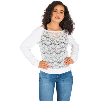 Curvy Women's Lace Ponte Sleeve Pullover Boatneck Sweatshirt