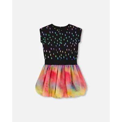 Bi-material Dress With Rainbow Mesh Bubble Skirt