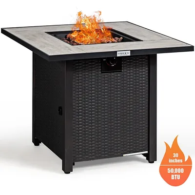 30'' Square Propane Gas Fire Pit Table Ceramic Tabletop 50,000 Btu W/ Cover