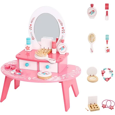 Wooden Children Vanity Set - 16pcs - Pretend Make-up And Dressing Table Toy With Mirror And Beauty Accessories, 3 Years +