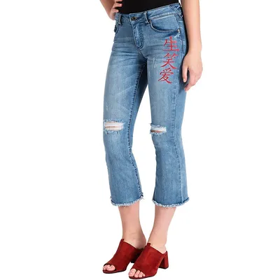 Women's Chinese Character Distressed Cropped Premium Ankle Jeans