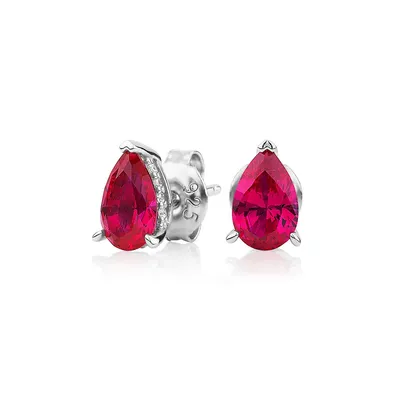 Pear And Round Brilliant Stud Earrings With Signature Simulant Ruby And Diamonds In Sterling Silver