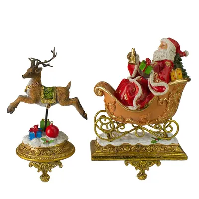 Set Of 2 Gold Santa And Reindeer Glittered Christmas Stocking Holders 9.5"